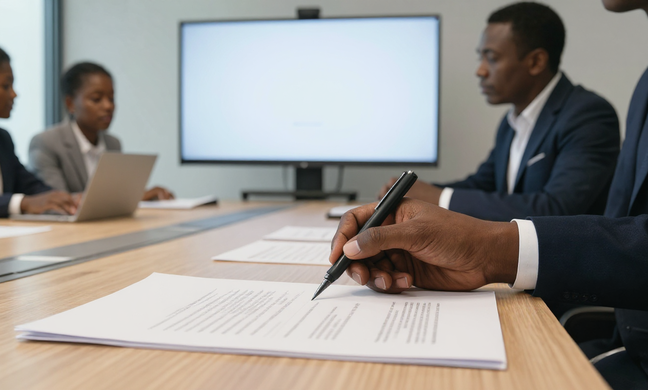 Business professionals signing a document